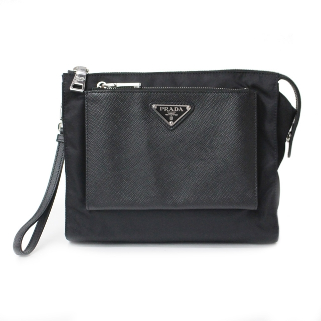 中古】 PRADA - プラダ ナイロン レザー クラッチバッグ ブラック 黒