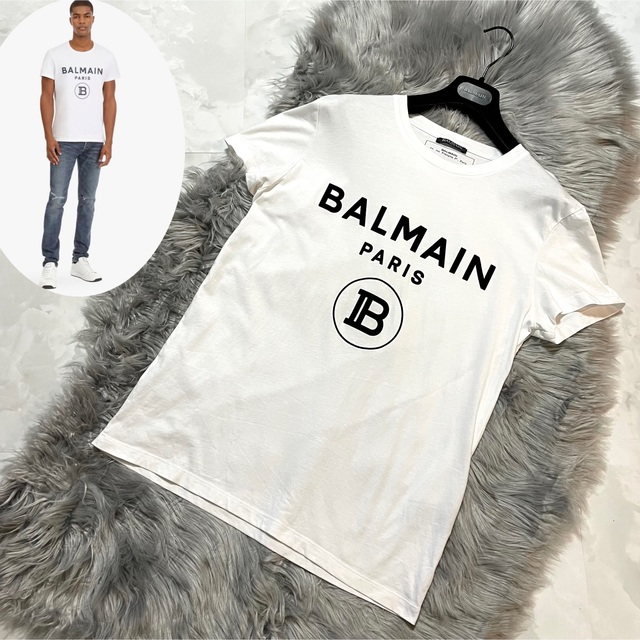 本物 美品 バルマンオム ベロア地 新ロゴ Tシャツ 44 S 白 黒
