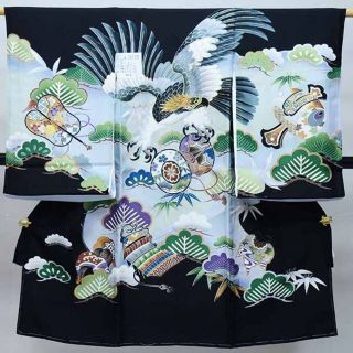 お宮参り 産着 のしめ 男児 正絹 羽二重 金刺繍 黒地 鷹 NO36129(お宮参り用品)