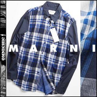 マルニ(Marni)の美品10万MARNIマルニネイビーチェックドッキングジャージーシャツ48/M～(シャツ)