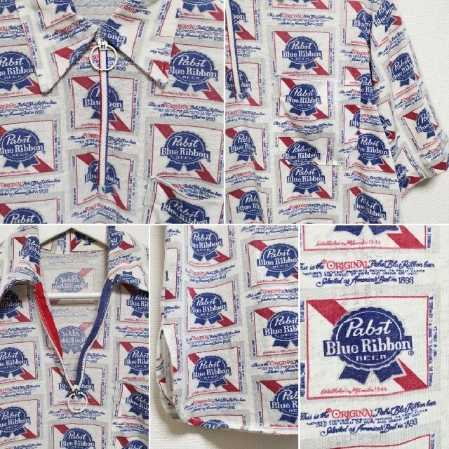 80s PBR パブスト PABST ハーフジップ 総柄 半袖 シャツ USA製 2