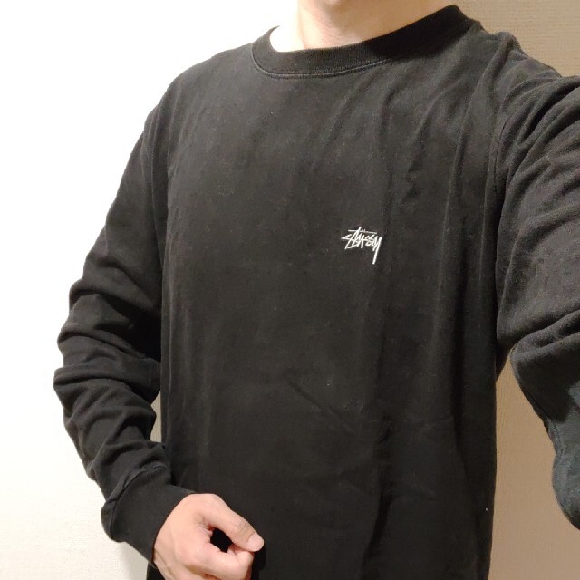 STUSSYシンプル白刺繍ロゴ長袖TシャツMサイズ黒ステューシーBLACKロンＴ