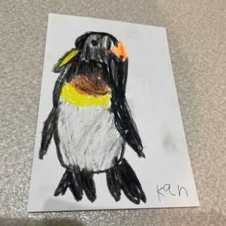 子供の絵　ペンギン　ハガキサイズ　9歳　（グレー•自閉症スペクトラム•ADHD）(アート/写真)