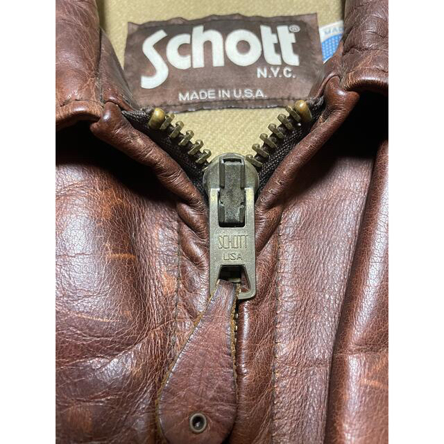 schott(ショット)の激レア！アメリカ製 茶タグ SCHOTT 牛革 オイルドカウハイド メンズのジャケット/アウター(ライダースジャケット)の商品写真