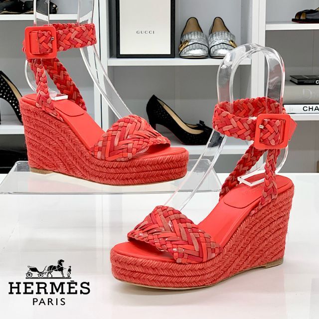 超歓迎】 イネス エルメス 3984 - Hermes 編み込み レッド系 ウェッジ