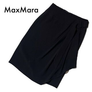 マックスマーラ(Max Mara)の美品マックスマーラ 高級白ダグ 巻きスカート L 黒 膝丈 ラップベルト タイト(ひざ丈スカート)