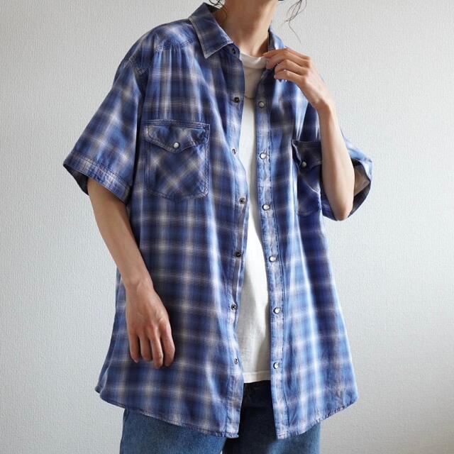90s  半袖 オンブレチェックシャツ シャドーチェックシャツ XL