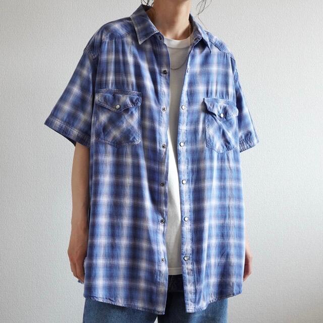 90s  半袖 オンブレチェックシャツ シャドーチェックシャツ XL