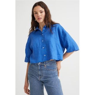 エイチアンドエム(H&M)の【着用1回】H&Ｍ　リネンクロップドシャツ　XL(シャツ/ブラウス(長袖/七分))