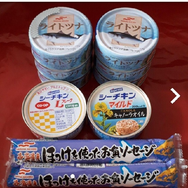 ちょこま's　by　ツナ缶3種類合計8缶とほっけのお魚ソーセージ2本の通販　shop｜ラクマ