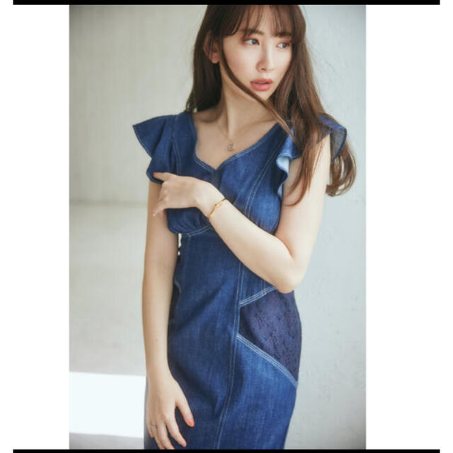 Ruffled Shoulder Denim Midi Dress