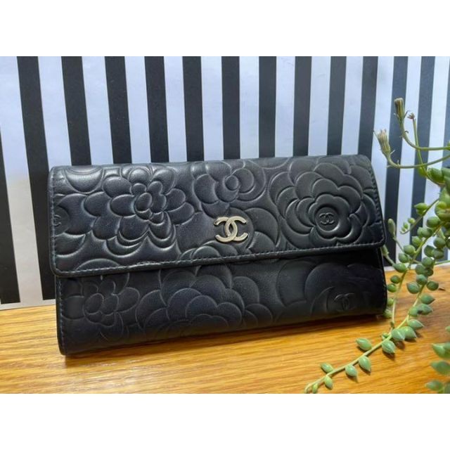 470　超美品　CHANEL　シャネル　カメリア　ラムスキン　フラップ長財布