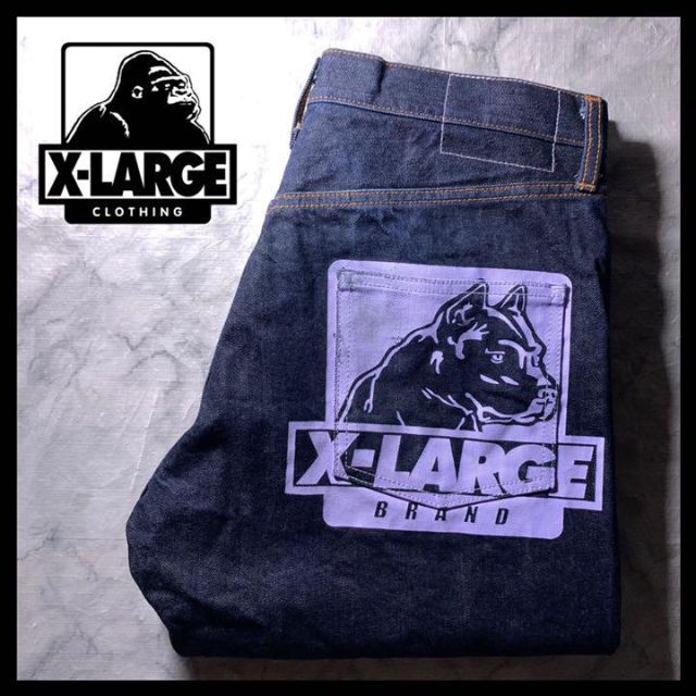 希少 X-LARGE デニムパンツ バギーパンツ ワンウォッシュ W32 犬