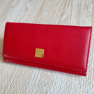 セリーヌ(celine)の極美品 オールドセリーヌ 二つ折り長財布 シボ革レザー がま口 赤 ロゴプレート(財布)