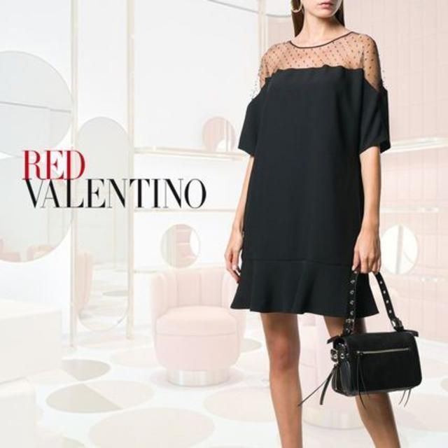 RED VALENTINO(レッドヴァレンティノ)の新品 RED VALENTINO ドットレースインサートクレープドレス レディースのワンピース(ミニワンピース)の商品写真