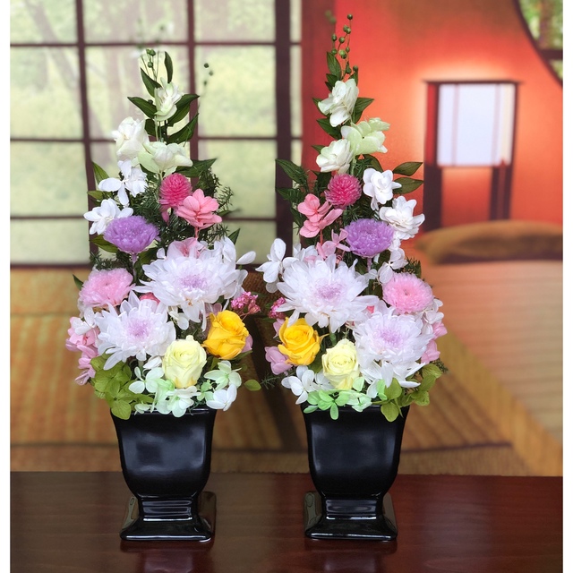 仏花【お供え花 】ことね菊ホワイトパープル  H32 花器つきアレンジ　１基