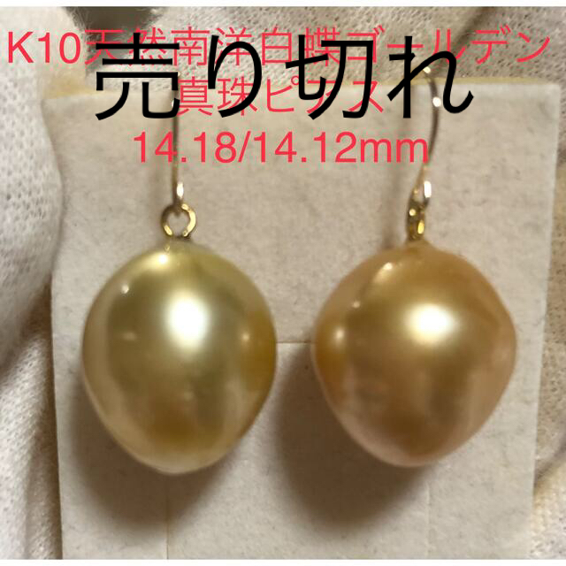 K10天然南洋白蝶ゴールデン真珠ピアス　14.18/14.12mm