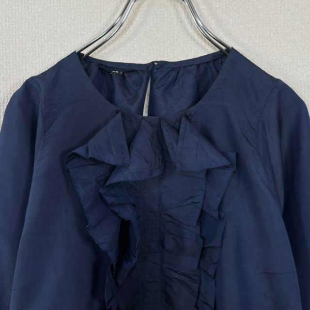 45R - 【美品・絹100%】45R シャツ ブラウス　フリル　藍染め　紺　ネイビー　長袖