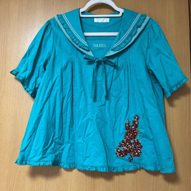 ピンクハウス バスケットうさぎ刺繍セーラー半袖ブラウス ターコイズ