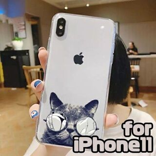 iPhone11　スケルトン ケース　サングラス 猫　ネコ