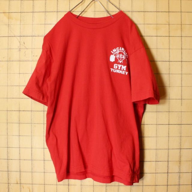 80s90s GYM TURKEY両面プリントTシャツレッド半袖ML ss108