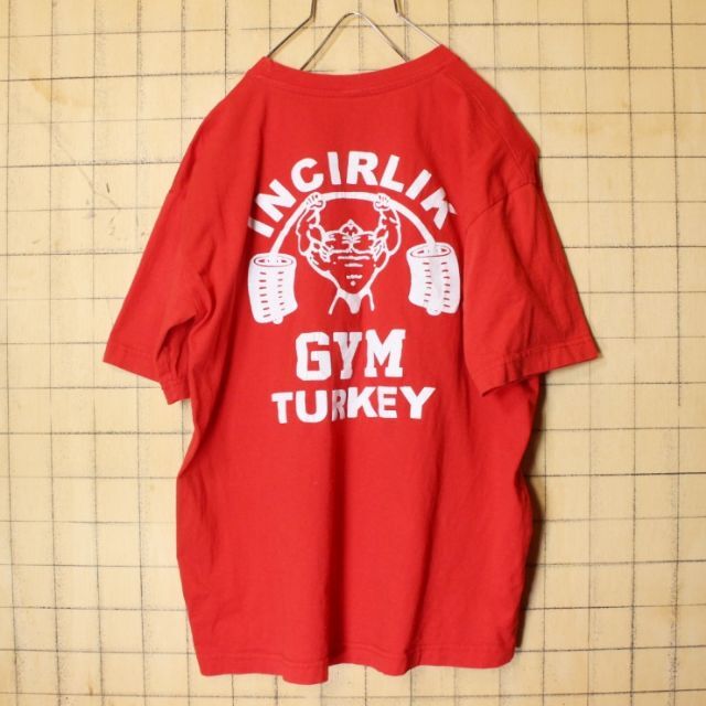 80s90s GYM TURKEY両面プリントTシャツレッド半袖ML ss108 2