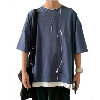 メンズ ビッグシルエット レイヤード 半袖 無地 フェイク 切替 重ね着 2XL(Tシャツ/カットソー(半袖/袖なし))