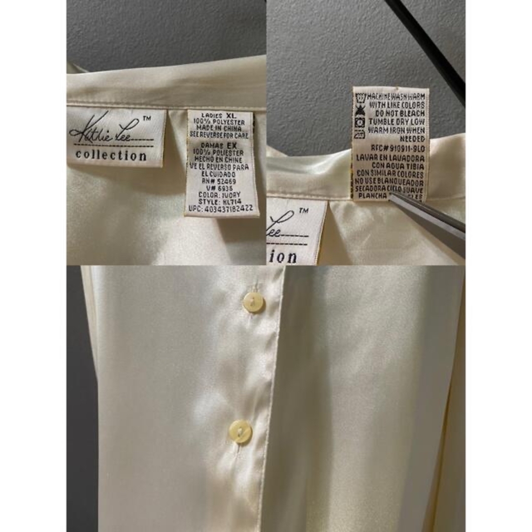 古着 ビンテージ 80s テロテロ 長袖 シャツ 光沢 ホワイト シルバー 美品 レディースのトップス(シャツ/ブラウス(長袖/七分))の商品写真