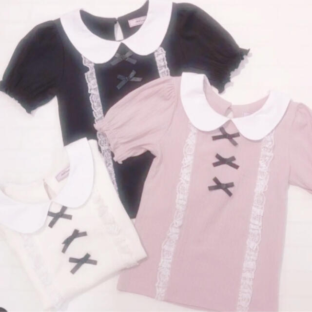 Ank Rouge(アンクルージュ)のアンクルージュ♡レース 3つリボン丸衿テレコTOPS ♡トップス ブラック レディースのトップス(カットソー(半袖/袖なし))の商品写真