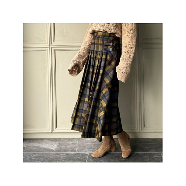 JUNOAH(ジュノア)の【イエロー】【XL】ベルト付きプリーツチェックスカート レディースのスカート(ロングスカート)の商品写真