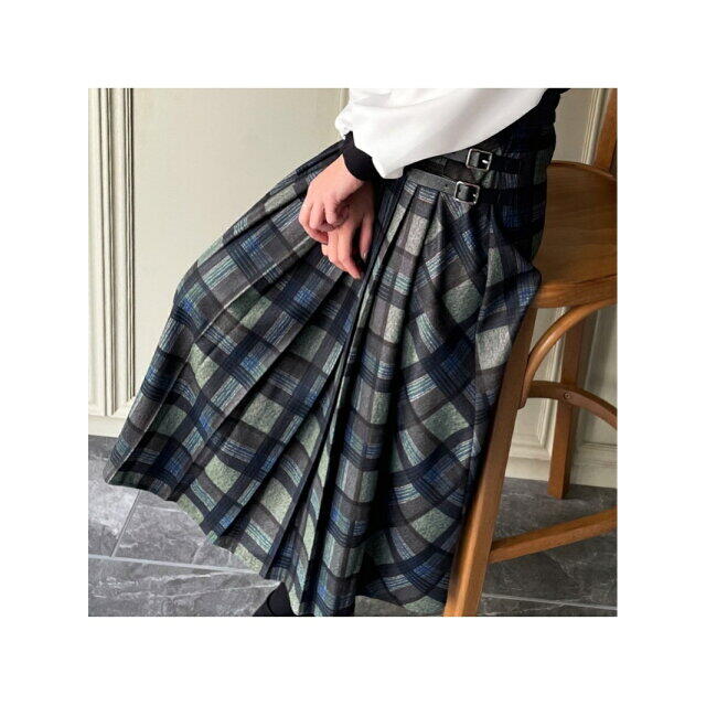 JUNOAH(ジュノア)の【グリーン】【XL】ベルト付きプリーツチェックスカート レディースのスカート(ロングスカート)の商品写真
