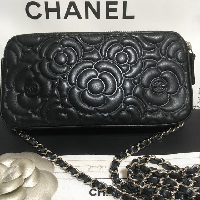 CHANEL シャネル カメリア チェーンウォレット SV金具  黒