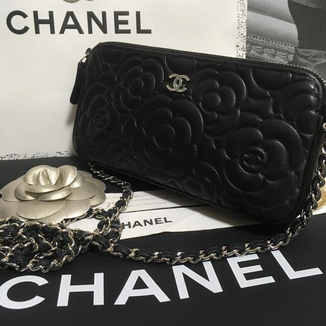 CHANEL シャネル カメリア チェーンウォレット SV金具  黒