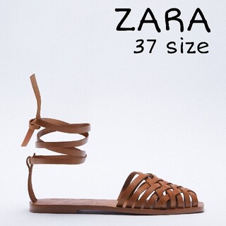 ザラ(ZARA)のZARA　リボン付きレザーフラットサンダル　37サイズ　ブラウン(サンダル)