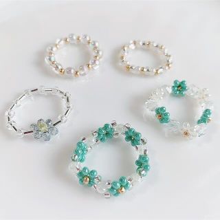 韓国ビーズ♡リング5点set＼White× turquoise／(リング)