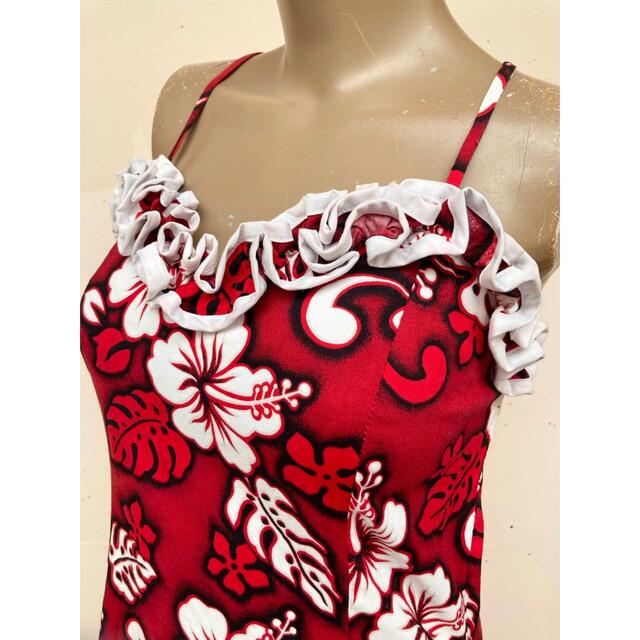 新品 import Hawaii直輸入 赤地に白黒のハイビスカス柄のドレス M位 レディースのワンピース(ロングワンピース/マキシワンピース)の商品写真