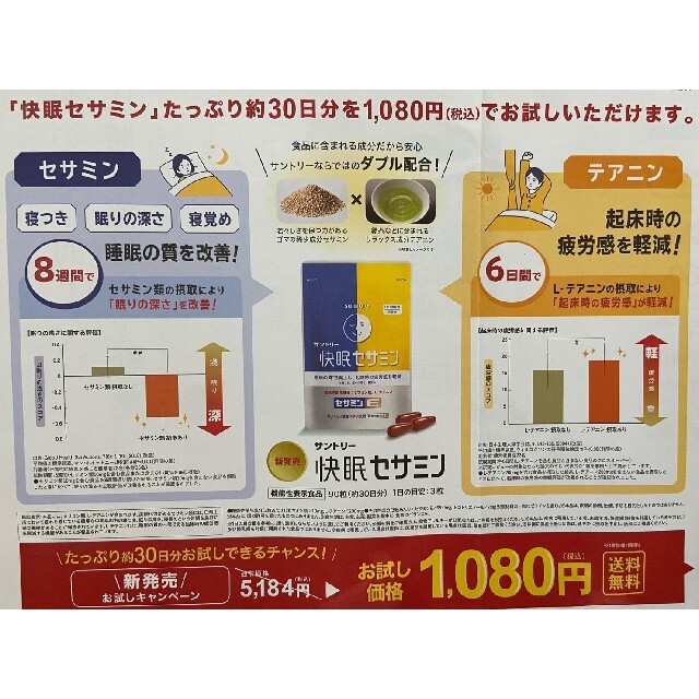 サントリー(サントリー)のサントリー快眠セサミン　定価５１８４円→１０８０円→申込用紙５枚　サプリメント チケットの優待券/割引券(その他)の商品写真