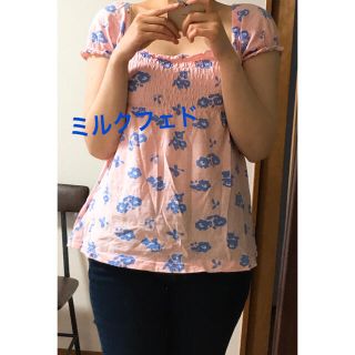 ミルクフェド(MILKFED.)の涼しい！ミルクフェド　ピンクベース　ブールフラワー　パフスリーブTシャツ　可愛い(Tシャツ(半袖/袖なし))