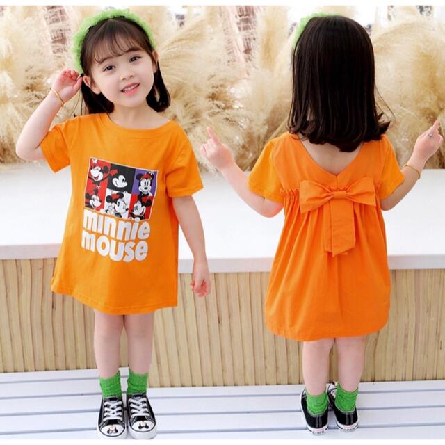 激安SALE キッズ　可愛い　ロングシャツ　ワンピース　前後両用　オレンジ キッズ/ベビー/マタニティのキッズ服女の子用(90cm~)(ワンピース)の商品写真