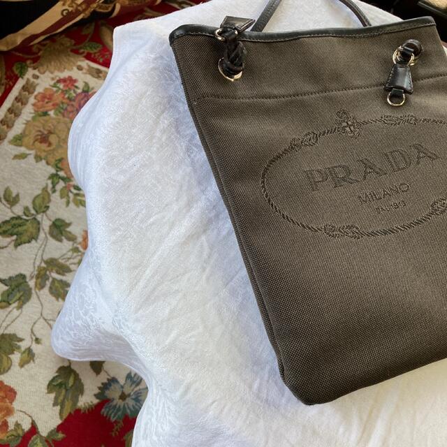 PRADA♡プラダ ロゴ　ジャガード　キャンパス×レザーショルダーバッグ 4