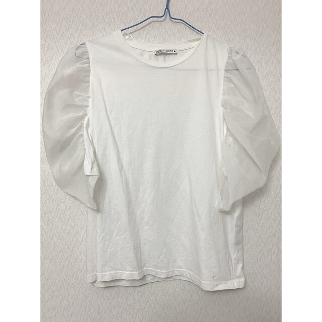 ZARA(ザラ)のZARA  コンビ素材オーガンザトップス　ホワイト　M size レディースのトップス(Tシャツ(半袖/袖なし))の商品写真