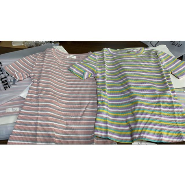 インポート♪ 夏 レディース 半袖 Tシャツ ストライプ レインボー ピンク レディースのトップス(Tシャツ(半袖/袖なし))の商品写真