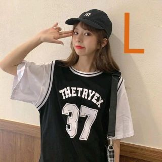 春夏 レディース バスケタンクトップ レイヤード風Tシャツ  ブラック L(Tシャツ(半袖/袖なし))