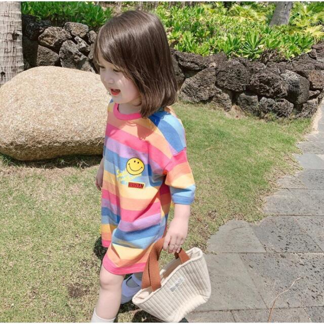 韓国子供服　スマイル　カラフルストライプ　ワンピース半袖 キッズ/ベビー/マタニティのキッズ服女の子用(90cm~)(ワンピース)の商品写真