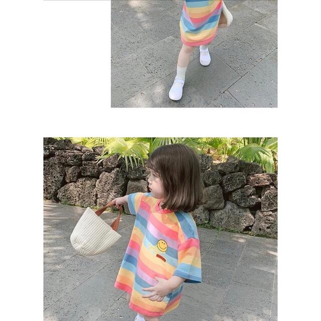 韓国子供服　スマイル　カラフルストライプ　ワンピース半袖 キッズ/ベビー/マタニティのキッズ服女の子用(90cm~)(ワンピース)の商品写真