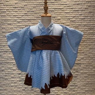 ハンドメイド　カジュアル着物　チョコ柄　100(和服/着物)