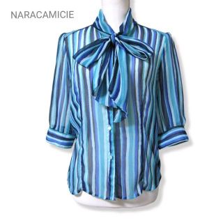 ナラカミーチェ(NARACAMICIE)の美品 ナラカミーチェ ボウタイブラウス ストライプ ブルー リボン シャツ M(シャツ/ブラウス(長袖/七分))