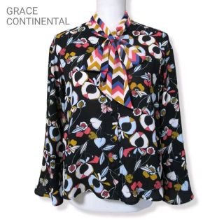 グレースコンチネンタル(GRACE CONTINENTAL)の美品 グレースコンチネンタル ボウタイブラウス 黒 ブラック シャツ 花柄 S(シャツ/ブラウス(長袖/七分))