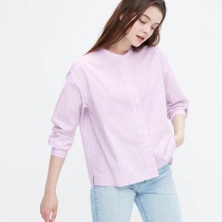 ユニクロ(UNIQLO)の★UNIQLO〜コットンストライプ スタンドカラーシャツ purple Sサイズ(シャツ/ブラウス(長袖/七分))