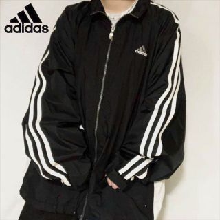 アディダス(adidas)の90s adidas ナイロンジャケット 袖ライン 黒 オーバーサイズ ゆるだぼ(ナイロンジャケット)